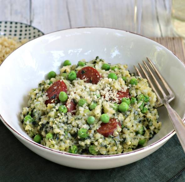 Grünkohlrisotto mit Erbsen und Chorizo