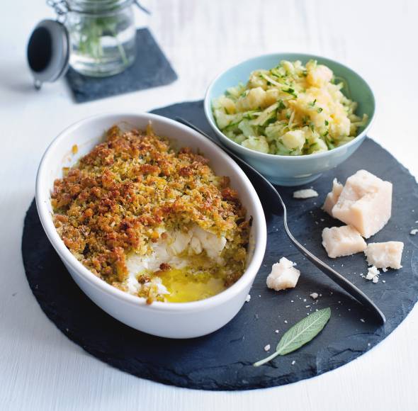 Kabeljau mit Parmesankruste und Zucchini-Stampfkartoffeln