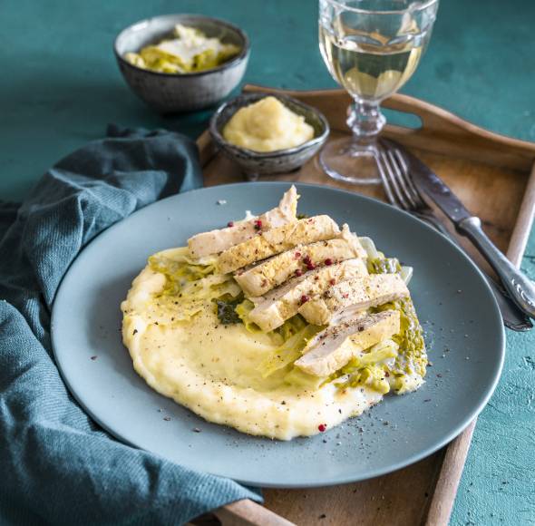 Senf-Honig-Hähnchen mit Stampf und Wirsing