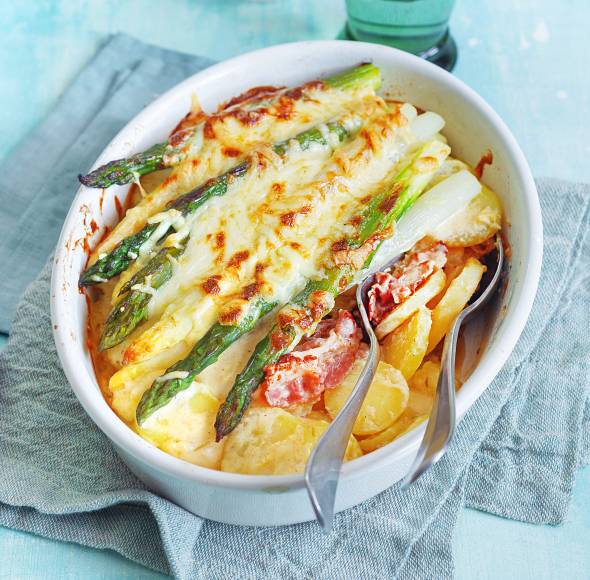 Spargel-Kartoffel- Gratin mit Schinken