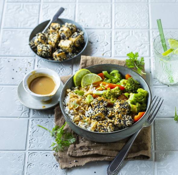 Sesam-Tofu mit gedämpftem Gemüse und Reis
