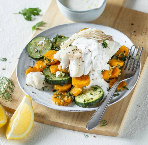 Kabeljau und Kräutergemüse aus dem Dampfgarer