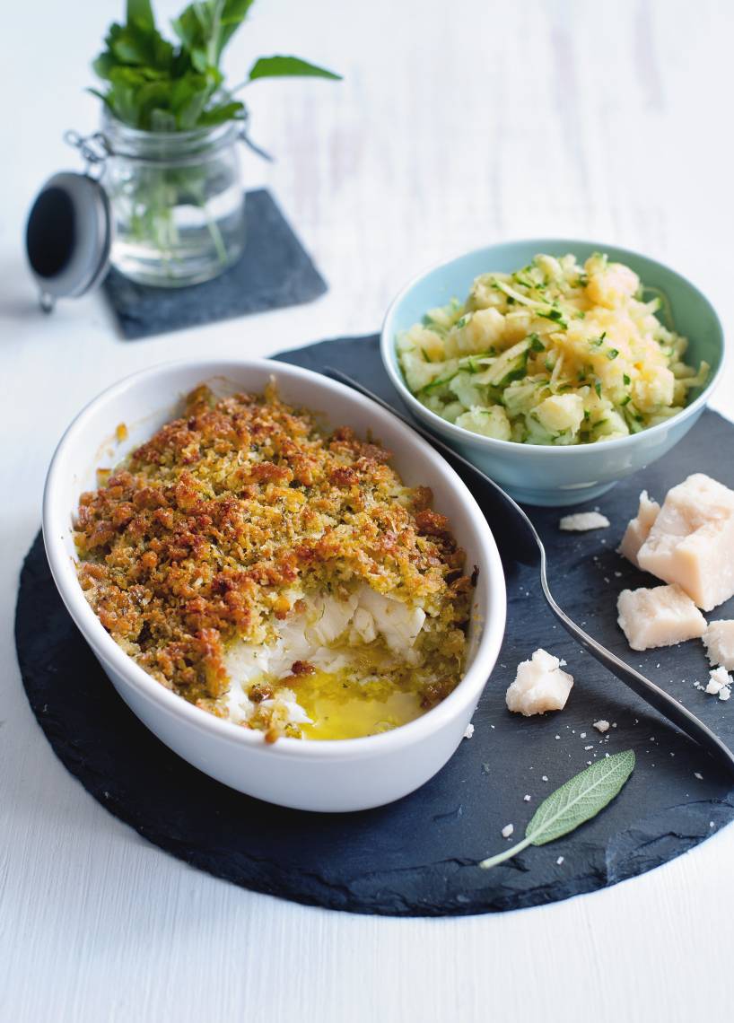 Kabeljau mit Parmesankruste und Zucchini-Stampfkartoffeln