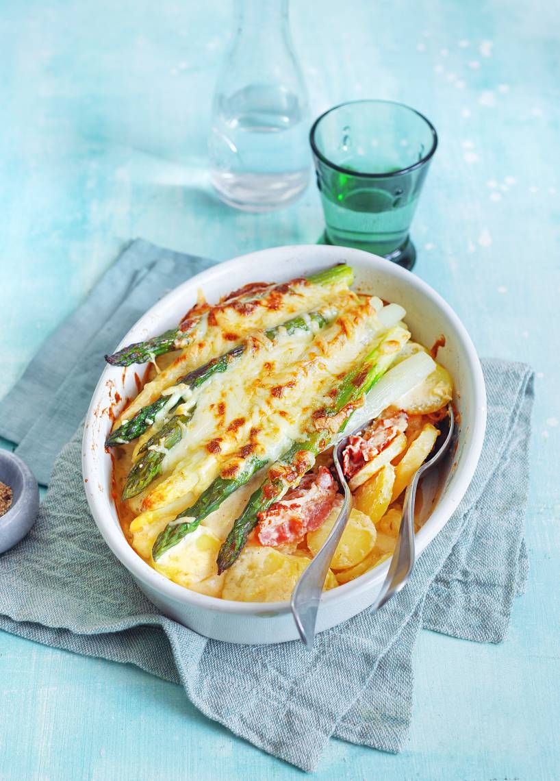 Spargel-Kartoffel- Gratin mit Schinken