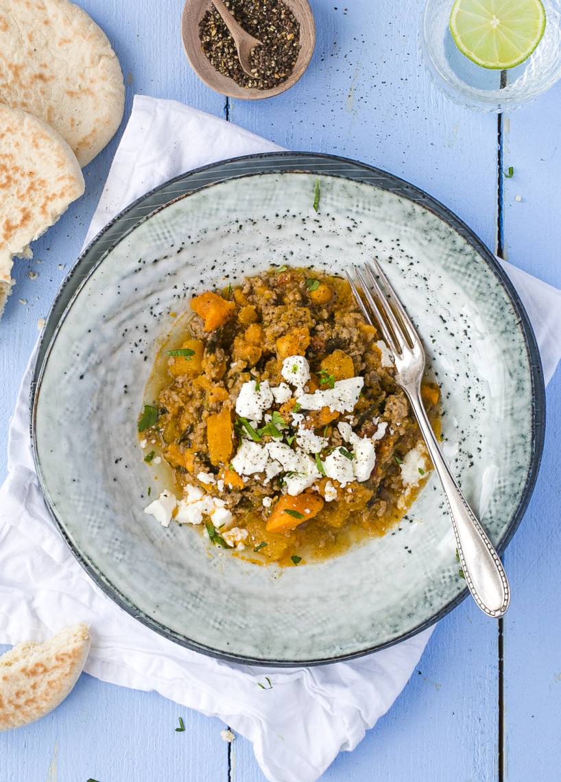 Süßkartoffel-Hack-Eintopf mit Feta