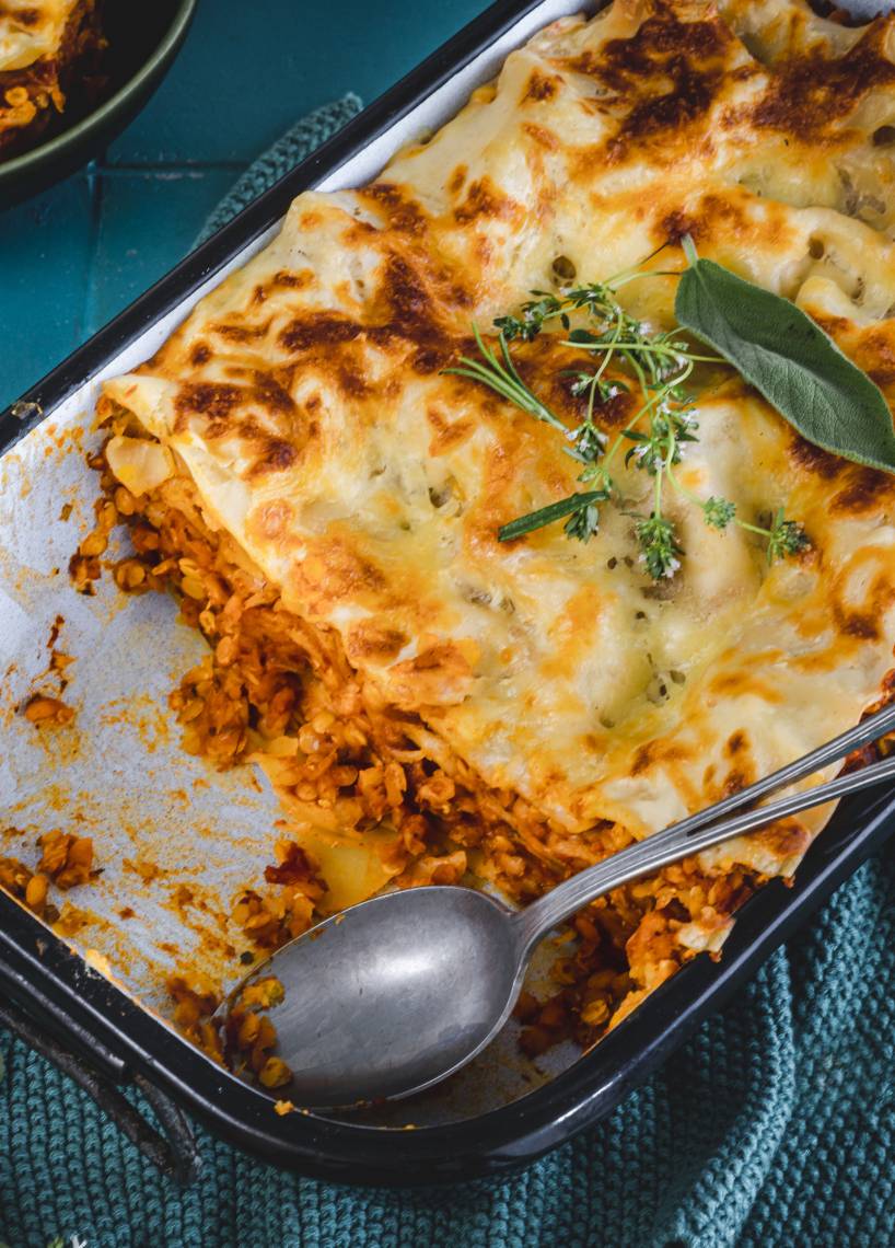 Vegane Lasagne mit roten Linsen