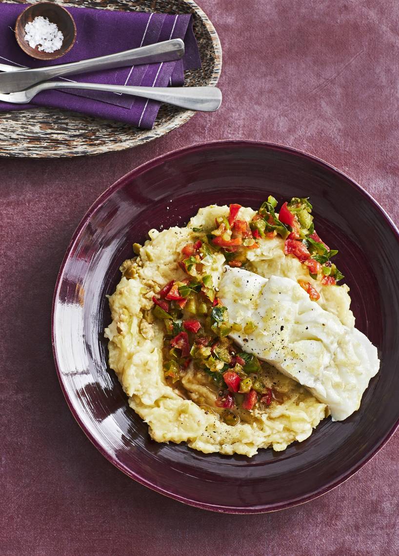 Kabeljau mit Sellerie-Kartoffel-Stampf und Paprika-Salsa