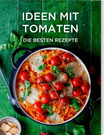 Nudelauflauf mit Tomaten, Basilikum und Parmesan auf grüner Überfläche in runder Auflaufform